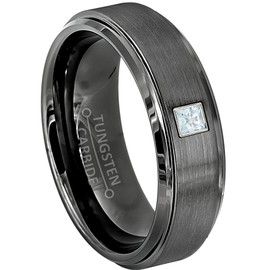 6mm Brushed Gunmetal Tungsten Carbide Wedding Band with 0.05ctw Princess Cut Aquamarine Tungsten Ring - Comfort Fit Tungsten Anniversary Ring - RG Bezel
