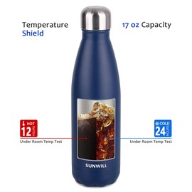 SUNWILL Water Bottle, Insulated Stainless Steel Sports Bottle 500ml, Reusable Vacuum Thermal Water Flask, Double Wall, Powder Coated Navy Blue for Hot and Cold Drinks