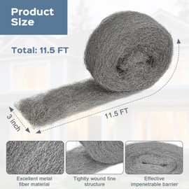 Steel Wool Mice Control, 3 Pack 3" x 11.5 Ft Mouse Hole Filler, Mice Barrier Mouse Gap Filler for Garden, House, Garage, Prevent Animals from Entering Holes, Siding, Pipeline, Vents