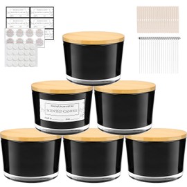 CONNOO 6-Pack 16 oz Candle Jars - 3-Wick Black Empty Glass Wide Mouth Candle Jars Come with Bamboo Lids, Sticky Warning Labels, and a Candle Wick Kit for Candle Making - Dishwasher Safe