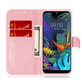 SATURCASE Case for LG K50 / Q60, Unique Colorful PU Leather Flip Magnet Wallet Stand Card Slots Protective Cover with Hand Strap for LG K50 / Q60 (Pink)