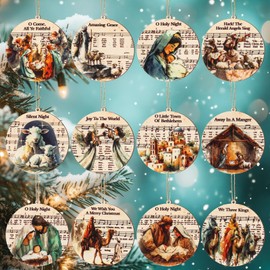 Colingmill 24 Pcs Nativity Watercolor Music Sheet Ornament Christmas Wooden Nativity Hanging Ornaments Religious Gifts for Christmas Tree Decor Stocking Stuffers Pastor Women Kids Men Family Friend