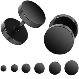 KWUNCCI Black Stud Earrings for Men Women Fake Gauges Ear Tunnel Faux Plugs Mens Earrings Surgical Steel Earrings 6 Pairs 5mm-10mm