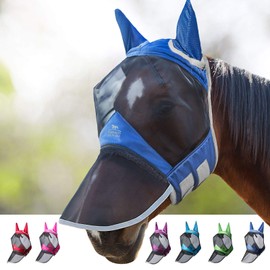 Harrison Howard CareMaster Pro Luminous Horse Fly Mask Large Eye Space Long Nose with Ears UV Protection for Horse Royal Blue L Full Large