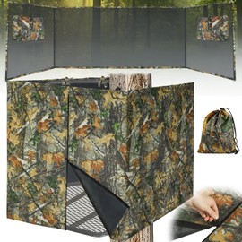 See Through Hunting Tree Stand Blinds, 142" x 35" Four-Sided Treestand Camo Blind Cover Universal 2 Man Ladder Stand Blind Kit Visible Camouflage Blinds with Zipper Pocket Storage Bag for Deer Hunting