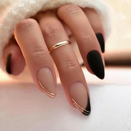 Short Almond Press on Nails with Solid Gel, Elegant Style Matte Pure Color & French Tip 2-in-1 False Nails 24pcs (Black)