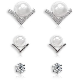 Fiklon 3Pairs Faux Pearl Stud Earrings for Women, 925 Sterling Silver Post Dainty V-shape CZ Cubic Zirconia Ear Studs Set Stackable Jewelry (E- V Shape Pearl -Silver)