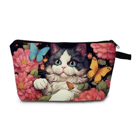 MoCaliduccious Cat Flowers and Butterflies Print Women Makeup Bag Travel Cosmetic Bag Organizer Small Zipper Toiletry Bag