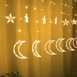 LED Star Moon Curtain String Lights 115 LED Ramadan Lights Window String Lights 8 Lighting Modes USB Powered Memory 6 Hours Timer Hanging Decoration for Ramadan Christmas Wall Lawn Party Patio Home