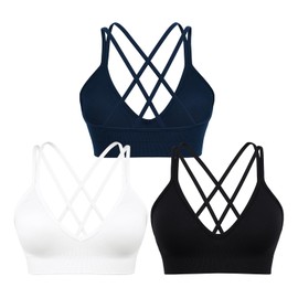 sicoozoe 3 Pack Strappy Sports Bras for Women V Neck Seamless Criss Cross Back Padded Workout Yoga Gym Activewear Bra Light Support