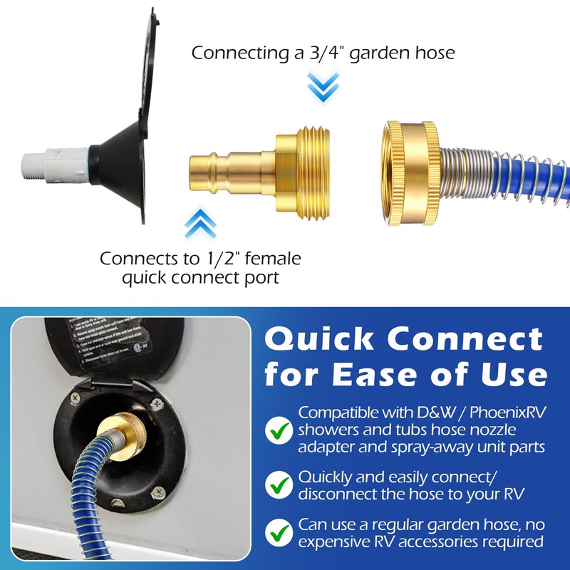 RV Exterior Shower Hose 15FT Coil Water Hose with 1/2"