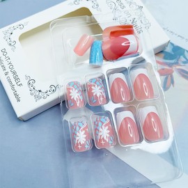 Square Press on Nails Short White French Tip Fake Nails with Flower Designs Glitter Blue Acrylic Nails Full Cover Glue on Nails Artificial False Nails Reusable Stick on Nail for Women Manicure 24Pcs