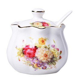 Mozacona Ceramics Retro Flower Sugar Bowl Spice Jar Storage Seasoning Pot with Lid Spoon