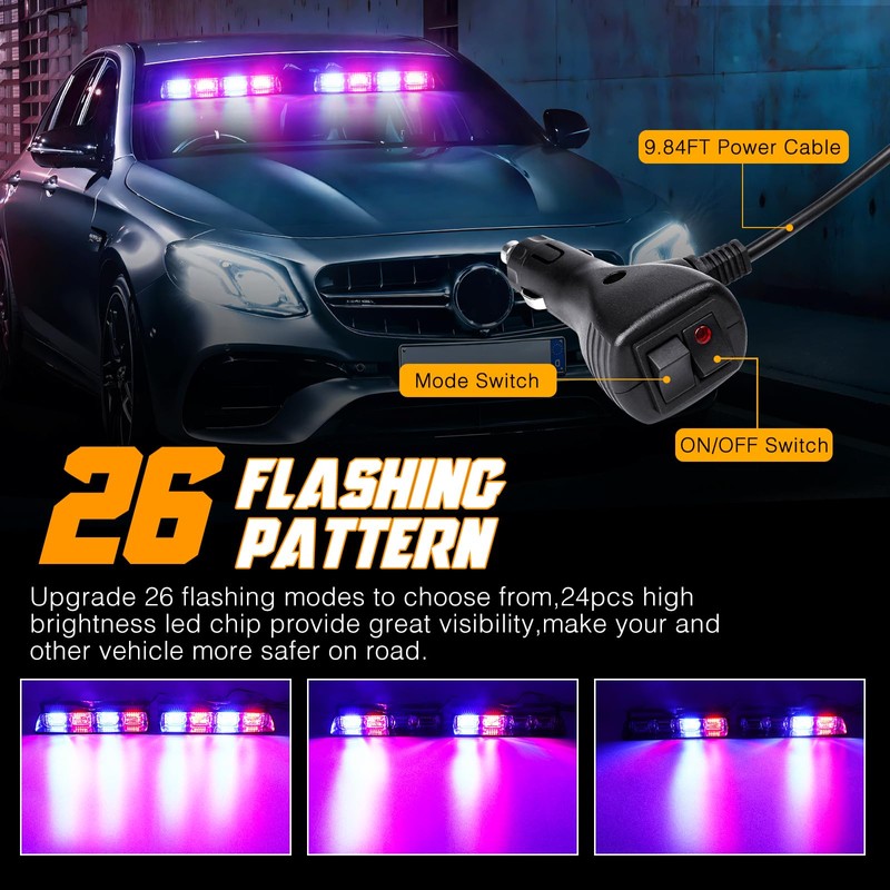 OPPBUY Red Blue Police Light with Strong Suction Cups,26 Flashing