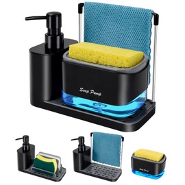 Dispensador de Jabón, 4 en 1 Dispensador de Jabón Cocina con Soporte de Esponja, Jabón de Manos, Soporte para Paños, Jaboneras, Juego de Jaboneras Organizador para Cocina, Baño y Fregadero (Negro)
