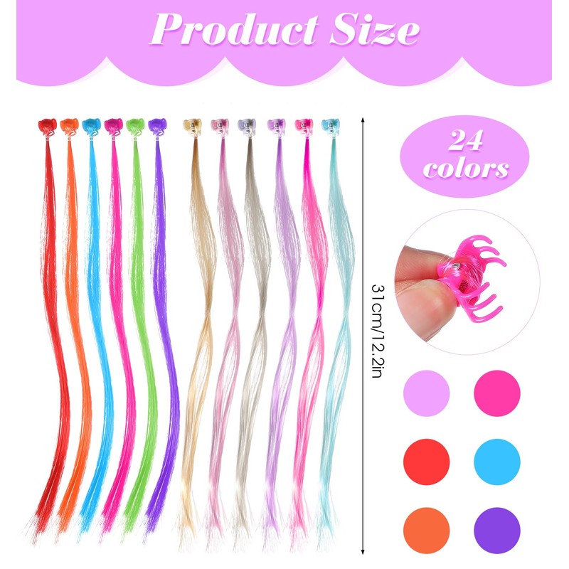 24 PCS Kids Hair Extensions for Girls, Clip in Rainbow