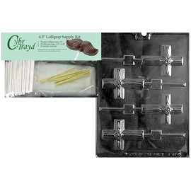 Cybrtrayd Small Cross Lolly Chocolate Candy Mold Supply Kit, Includes 4.5-Inch Lollipop Sticks, Cello Bags and 50 Metallic Twist Ties, 3-1/8" x 2-3/8" x 1/2" deep, Clear