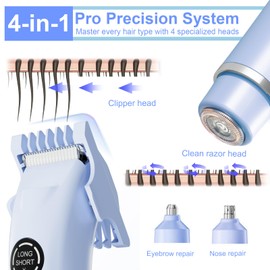 4-in-1 Electric Razor for Women - Waterproof Bikini Trimmer & Body Shaver, Rechargeable Pubic Hair Trimmer for Bikini Area, Legs & Underarms, Painless Hair Removal with LED Light（Blue）