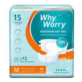 WhyWorry Adult Diapers with Tabs, Disposable Incontinence Briefs for Women & Men with Maximum Absorbency, Adult Briefs for Incontinence Overnight, Odor Control, Unisex, Medium, 15 Count