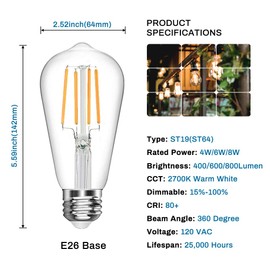 New Lights Vintage LED Edison Bulb, ST19 6W Dimmable LED Filament Bulb, 600 Lumens, Warm White 2700K, LED Light Bulb, Clear, E26 Base, 4 Pack