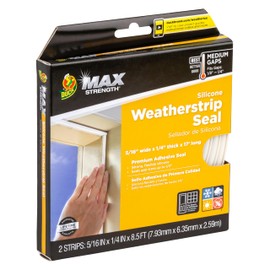 Duck Brand Max Strength Silicone Weatherstrip Seal for Doors and Windows, Self-Adhesive, Fits Medium Gaps from 1/8-1/4 Inches, .31 in. x .25 in. x 17 ft., White