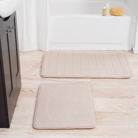 Fluffy Soft Plush Thick Pile Memory Foam Bathroom Rugs Set 2 Piece Non Slip Pretty Tufted Textured | Tan Beige Color Super Water Absorbing Shaggy Luxury Underfoot Feel Washable Quick Dry Bath Mat