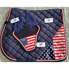 Navy Blue Horse/Full USA American Flag All Purpose English Saddle Pad with Matching Fly Bonnet Ear Net Fly Veil, Full/Horse