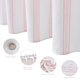 ORTIGIA Pink and White Striped Shower Curtain with 12 Metal Hooks, Crinkled Lightweight Textured Fabric Modern Farmhouse Minimalist Bathroom Curtain 72x72 Inch