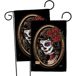 La Calavera Catrina Garden Flag - 2pcs Pack Fall Day of Dead Dia De Los Muertos Fiesta Mexican Party Autumntime - House Decoration Banner Small Yard Gift Double-Sided Made In USA 13 X 18.5