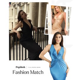 Popilush Shapewear Dress Ruched Bodycon - Deep V Neck Maxi Formal Dresses Built in Shapewear Sleeveless Long Dress Black