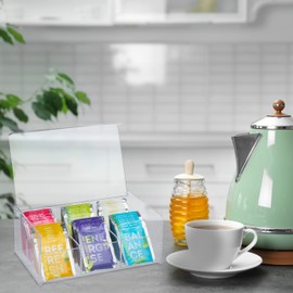 Relaxdays Acrylic Tea Box, 6 Compartments, Tea Caddy with Lid, H x W x D: 9 x 22 x 14.5 cm, Tea Bag Storage Box, Transparent
