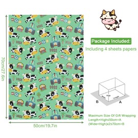Cute Cow with Farm Themed Wrapping Paper,4 Sheets Green Animal Gift Wrapping Paper Cow Farmhouse Tractor Art Paper for Birthday Christmas Spring Party Boys Girls Kids Gift Wrap Paper,28x20 Inches