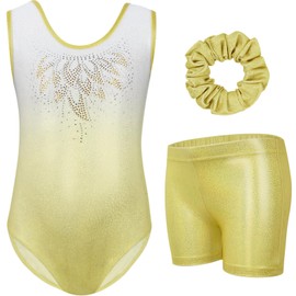 Gogokids Girls' Three Piece Gymnastics Set, Sleeveless Leotard with Shorts and Headband, Ballet Dancing Leotard Gymnastics Outfit with Sparkling for Girls, Sleeveless Jerseys for 3-12 Years, Yellow