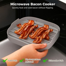 2 Pcs Microwave Bacon Cookers, Silicone Bacon Trays for Microwave Oven, Food-Safe Meat Bacon Makers with Grooves, Fast Heating, Dishwasher Safe, 9.85×9.85×1.97"