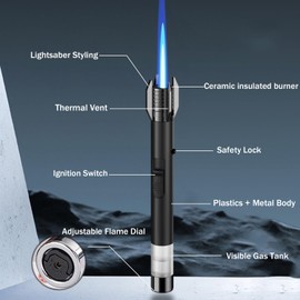 Blazara Lighter, Bright Fire Lighter, Butane Torch Lighters with Safety Lock and Visible Gas Tank, Refillable Windproof Lighters for Kitchen Cooking Outdoor Camping (Gas Not Included)