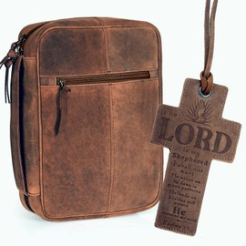 ELIZO Leather Bible Cover for Men Women Bible Case Large Book Cover Zipper Church Bible Bag Carrying Case Christian Religious Gifts Bookmark Grizzly