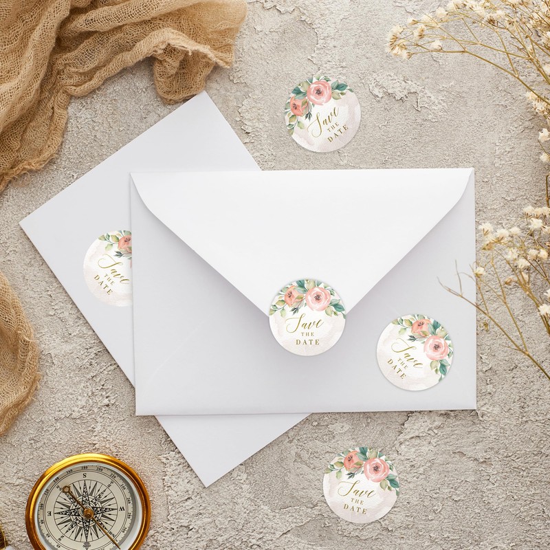 Mobiusea Creation Blush Pink Floral Watercolor Save The Date Stickers