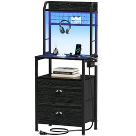 Furologee 41'' Tall Nightstand with Charging Station, Bedside Table with LED Lights, End Table with Drawers and Storage Shelves, Black Night Stand with Pegboard, for Bedroom/Living Room/Study Room