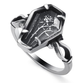 KIRTIJW Mens Coffin Rings Stainless Steel Gothic Punk Goth Vampire Rose Flower Coffin Ring Jewelry for Men Women Size 11