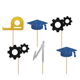 Eingneer Graduation Cupcake Toppers, Gear Tools Cupcake Picks for Eingneering Graduation Party Decoration, Black&Blue Glitter