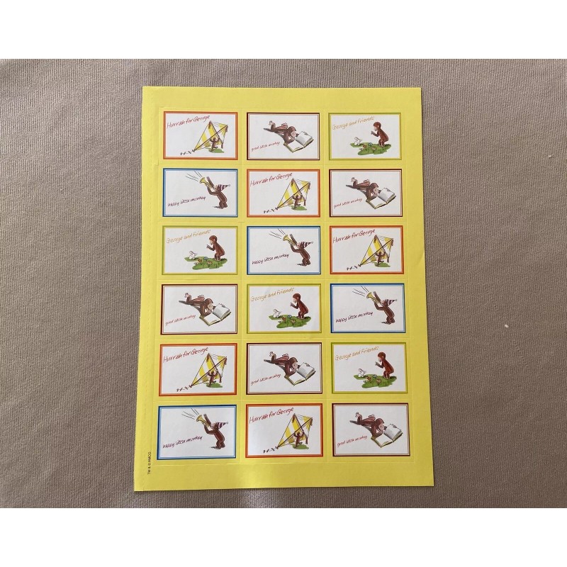 Curious George Stickers~Sheet Is 11” X 7 1/2” ~Includes 18