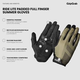 GripGrab RIDE Lite Padded Full Finger Summer Mountain Bike Gloves Long Cushioned MTB Gravel Biking Off-Road Cycling Glove