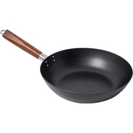AAF Nommel ® Wok Pan Flat Base Diameter 30 cm Carbon Steel "Cooking for Two" for All Hobs with Wooden Handle and Eyelet Also for Hanging