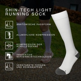liiteGuard Shin-Tech Light Running Compression Socks for Men and Women, for Sports, Running, Football, Lightweight Runner, Compression Stockings, Gentle for Achilles Tendon, Shin, Ankle, White