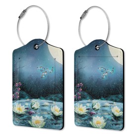 Set of 2 Luggage Tags for Suitcases, Lotus and Butterfly Luggage Tag Leather Cruise Suitcases Tag with Stainless Steel Loop Privacy Cover ID Label Travel Bag Tags Luggage Id for Women Men Travel