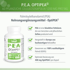 PEA (Palmitoylethanolamide) 1200 mg per day, anti-inflammatory effect, natural biochemical balance, 400 mg OptiPEA© per capsule, certified sustainable palm oil. Supersmart