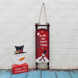 Linfevisi Christmas Sled Decor Snowman Front Porch Sign Santa Sleigh Wall Decoration Wooden Sled Christmas Decor Wood Xmas Sleigh Decor Hanging Wooden Sled Ornaments Outdoor