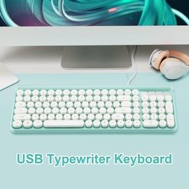 ANSWK Typewriter Keyboard USB Wired - Quiet Floating Round Keys, Spill Resistant, Cute Slim Compact Full Size for Computer Laptop Desktop PC Windows/Mac, White and Mint Green