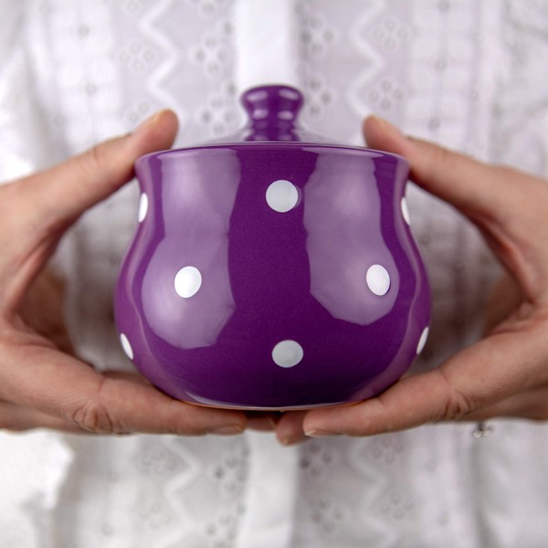 City to Cottage® Purple and White Polka Dot Handmade Hand Painted Ceramic Sugar Bowl Pot with Lid | Jam Honey Jar