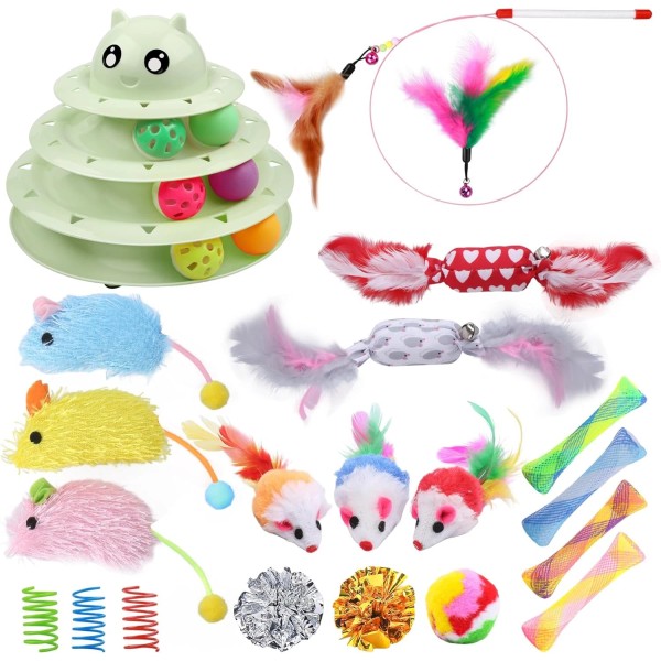 UPSKY 24 PCS Cat Toys, 3-Level Turntable Kitten Toys Set,